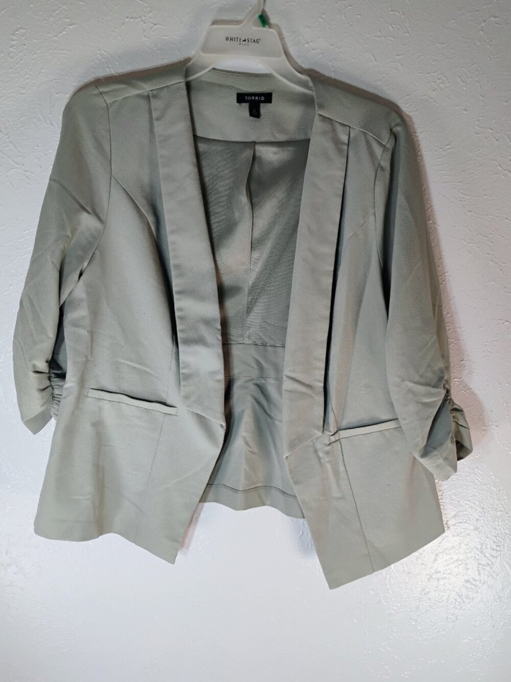 Torrid Sage Green Open Front Blazer 3/4 Ruched Sleeves Stretch Size 2x
